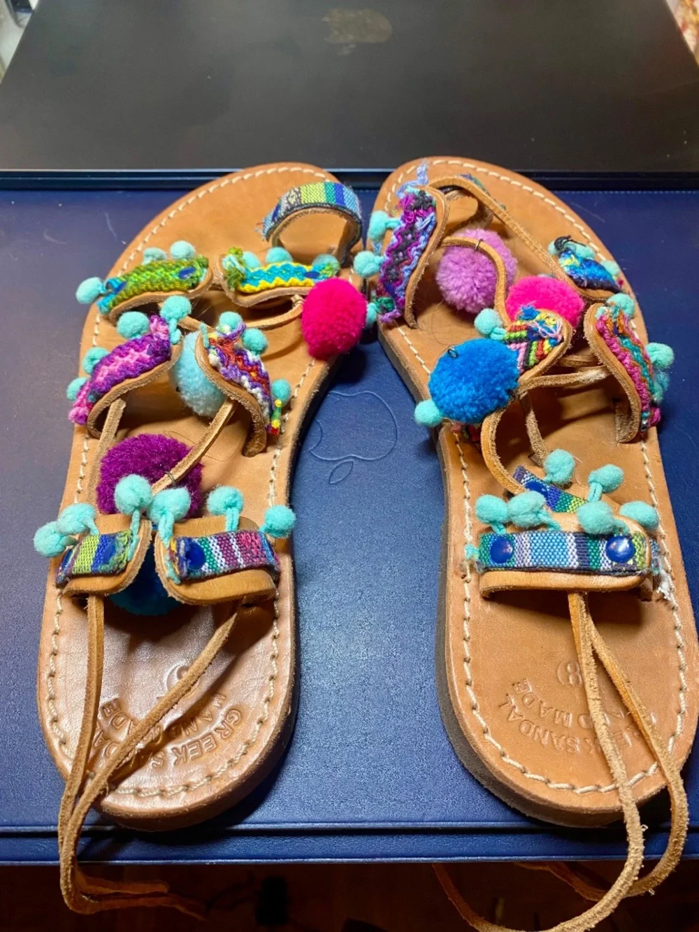 Greek Artisan Leather Gladiator Lace Up Boho Festival Pom Pom Sandals Size US 8